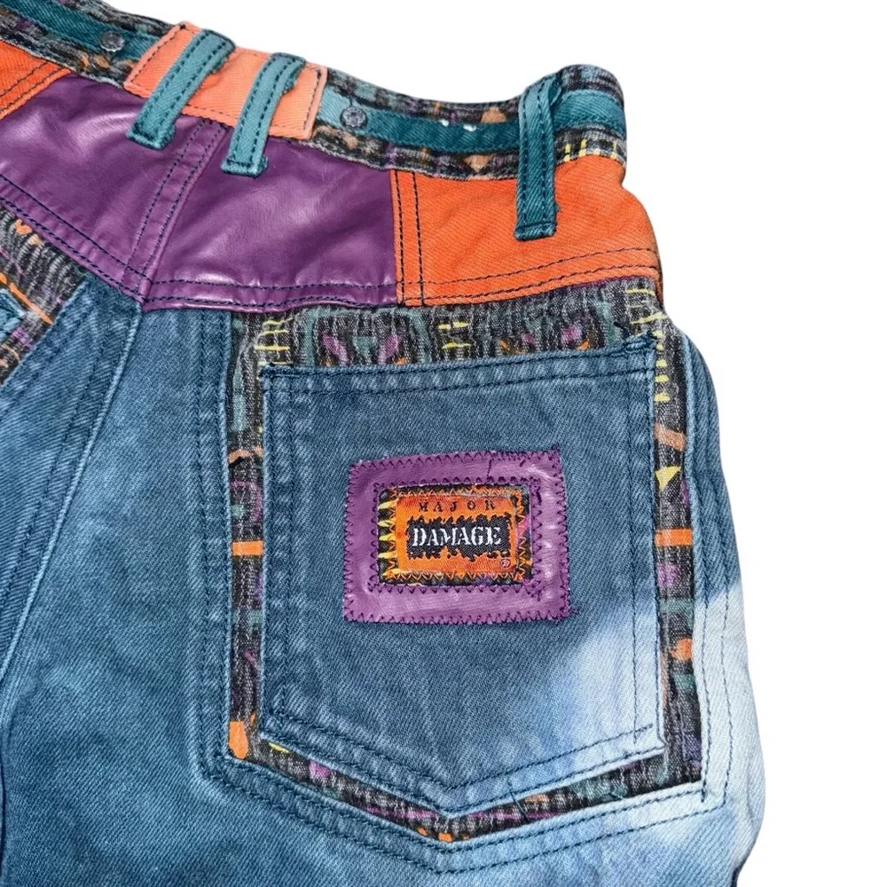 VTG 80 90s Major Damage Patchwork Denim Shorts Sz 22 Rare Y2K Hip Hop Streetwear
